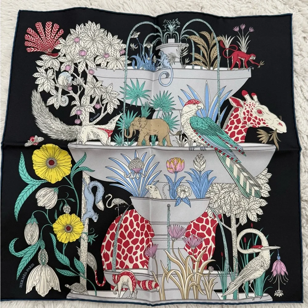 Hermes Floral & Giraffe Print Silk Scarf in Gray, Red, Blue, Pink